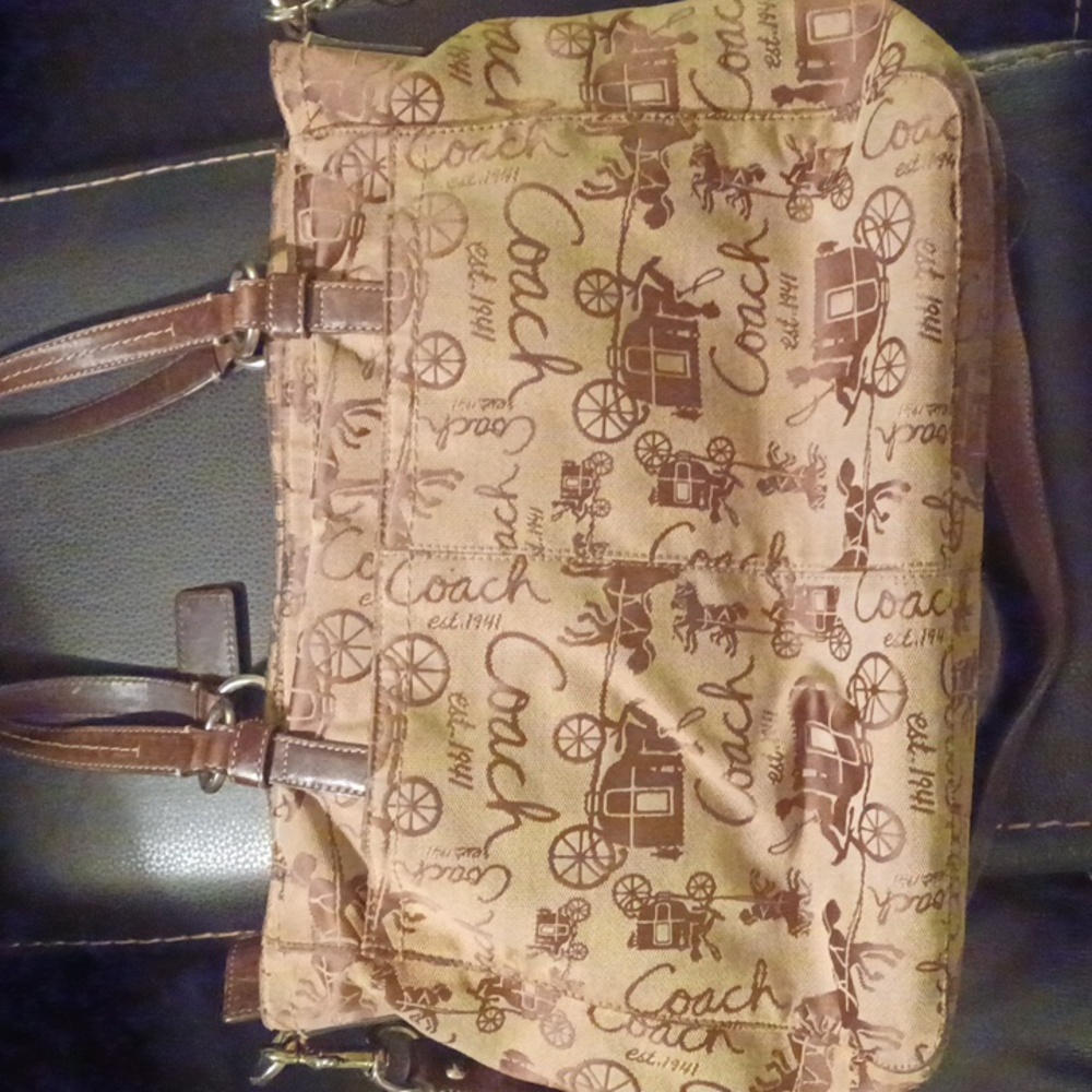 Coach brown canvas shoulder handbag purse leather straps hangtag Vintage - Picture 5 of 8